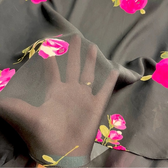 Black pink floral dress y2k style asymmetrical mesh overlay lined dark floral - Picture 9 of 10